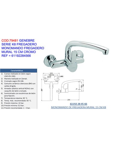 GENEBRE GRIFO K8 MONOMAND FREGADERO MURAL 15 CM CR61192284566