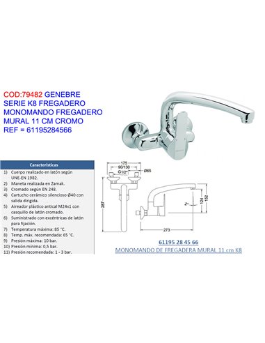 GENEBRE GRIFO K8 MONOMAND FREGADERO MURAL 11 CM CR61195284566