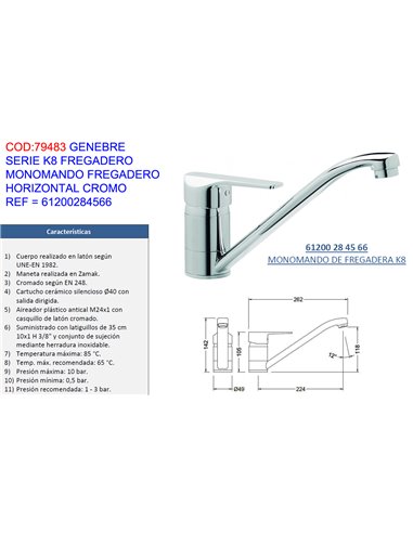 GENEBRE GRIFO K8 MONOMAND FREGADERO HORIZONTAL CR61200284566