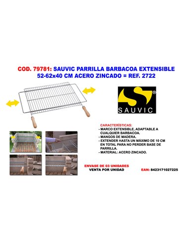 SAUVIC PARRILLA BARBACOA EXTENSIBLE 52-62 X 40  CM ZINC 2722