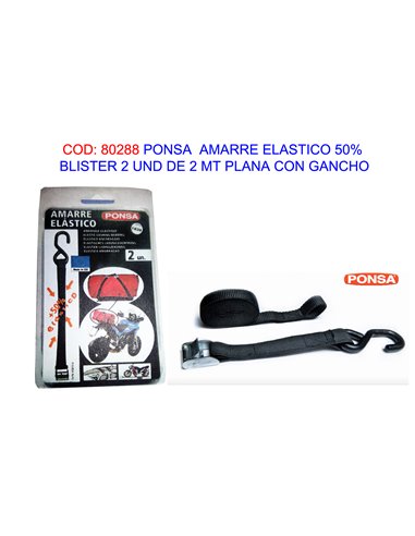 PONSA  AMARRE ELASTICO 50% BLISTER 2 UND 2 MT PLANA C/GANCHO