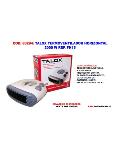 TALOX CALEFACTOR TERMOVENTILADOR HORIZTAL FRIO/CALOR 2000 W FH15