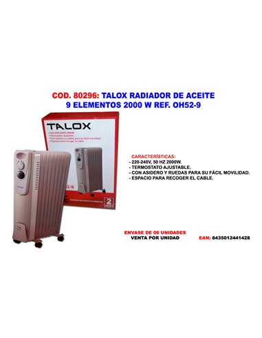 TALOX RADIADOR DE ACEITE 9 ELEMENTOS 2000 W 63 CM OH52-9