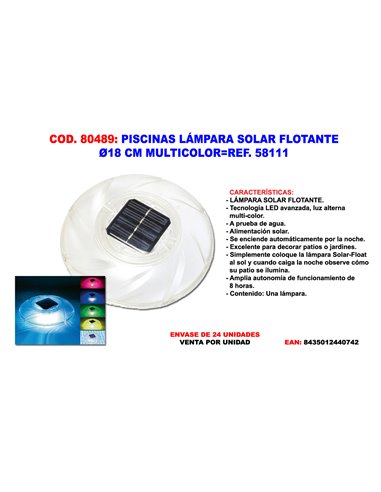 PISCINAS LAMPARA SOLAR FLOTANTE �18 CM MULTICOLOR58111