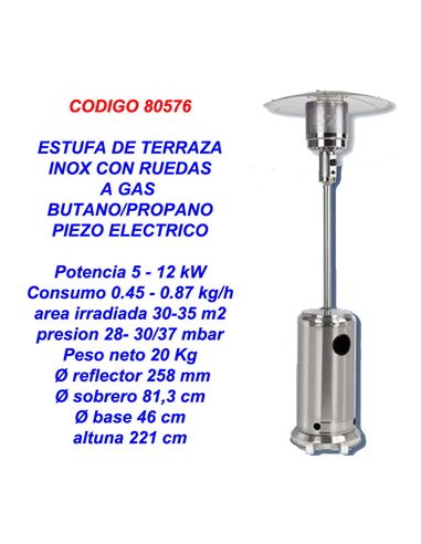 ESTUFA GAS BUTANO/PROPANO EXTERIOR TERRAZA PATIO INOX RUEDAS 197