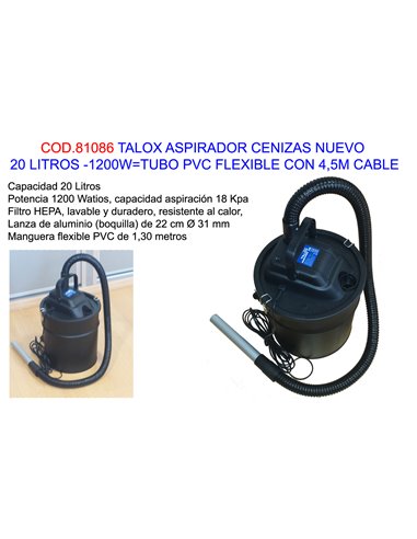 TALOX ASPIRADOR CENIZAS  20L-1200WTUBO FLEXIB+4,5M CABLEVC2014