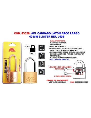 AVL CANDADO LATON FINSTOCK A/LARGO 40 M.M. BLISTER L40B