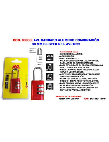 AVL CANDADO COMBINACION 30 MM BLISTER AVL1033