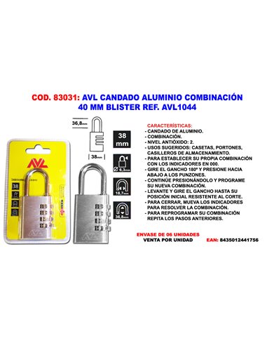 AVL CANDADO COMBINACION 40 MM BLISTER AVL1044