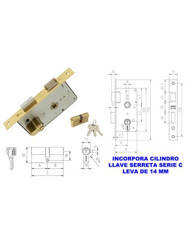 MCM CERRADURA EMBUTIR MADERA 1501-2-3535 CANTO RECTO LATONADO