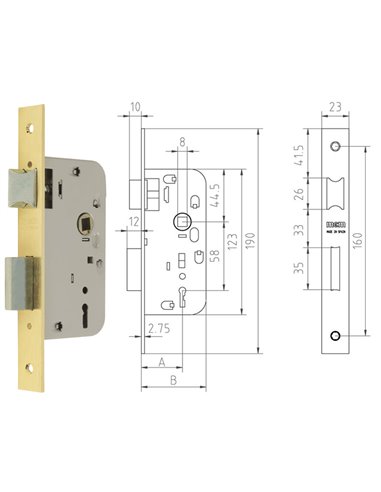 MCM CERRADURA EMBUTIR MADERA 1508-2-4545 CANTO RECTO LATONADO