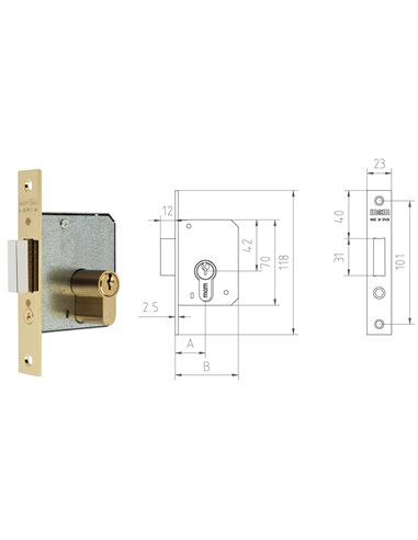 MCM CERRADURA EMBUTIR MADERA 1512-2-3535 CANTO RECTO LATONADO