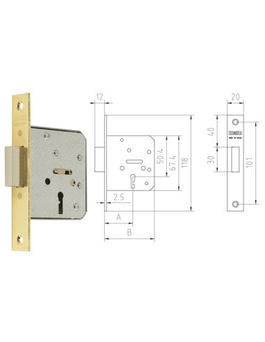 MCM CERRADURA EMBUTIR MADERA 1513-2-3535 CANTO RECTO LATONADO