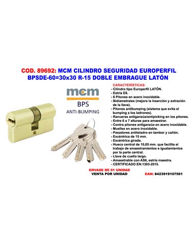 MCM CILINDRO SEGURiDAD DOBLE EMBRAGUE 30X30 R-15 LATONBPSDE3030