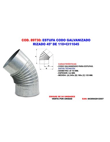 ESTUFA CODO GALVANIZADO RIZADO 45� DE 110CG11045(04)