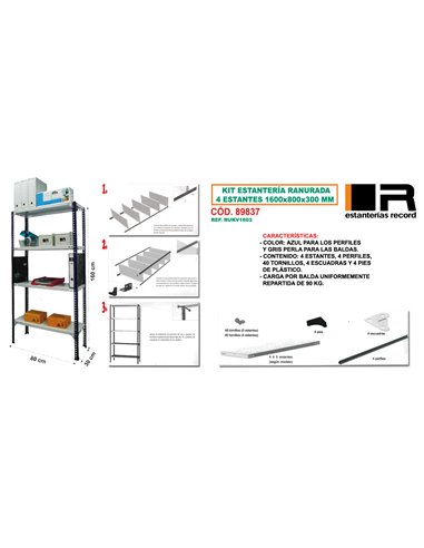 KIT ESTANTERIA RANURADA 4 ESTANTES 1600 X 800 X 300 RUKV1603