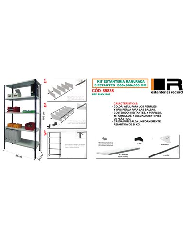 KIT ESTANTERIA RANURADA 5 ESTANTES 1800 X 900 X 300 RUKV1803