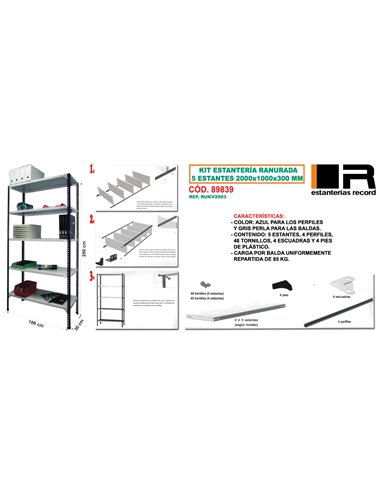 KIT ESTANTERIA RANURADA 5 ESTANTES 2000 X 1000 X 300 RUKV2003