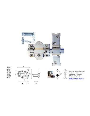 AVL CERROJO 301-R-80 EUROPERFIL  50 MM CON CADENA LLAVE/BOTON 3 