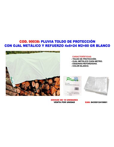 PLUVIA TOLDO LONA PROTECCION+OJAL+REFUERZO 4x624 M280GR BLANCO