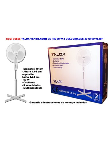 TALOX VENTILADOR DE PIE 50 W 3 VELO. 40 CTM VL40P-FS40T/RD-40