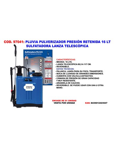 PLUVIA SULFATADORA PULVERIZADOR PRESION RETENIDA 16L TELESCOPICA