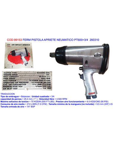 FERM PISTOLA APRIETE NEUMATICO PT6003/4  260310