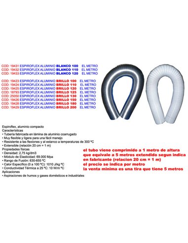 Tubo Flexible de Aluminio para Extracción de Humo Brillante 100 cm/metro