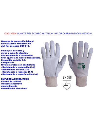 Ecoarc leather glove size 9 goat grain and cotton EGP010