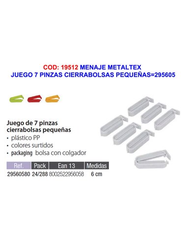 Juego de 7 Pinzas Cierrabolsas Pequeñas Menaje Metaltex 295605