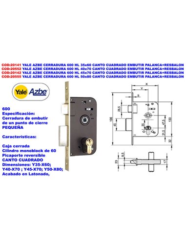 Fechadura YALE Azbe 600 HL 40x70 C/Alavanca de encaixe quadrada + trava