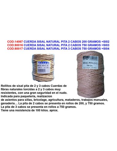 Corde sisal naturel pita 2 brins 200 grammes SI02