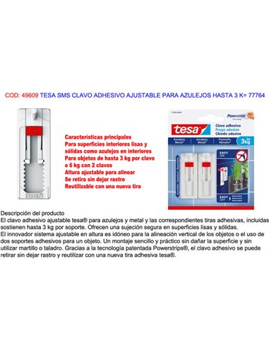 TESA SMS Adjustable Adhesive Nail for Tiles up to 3 K 77764