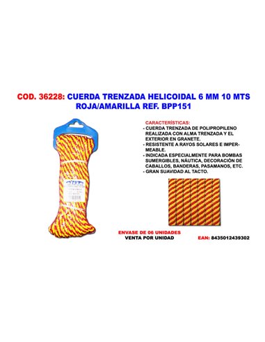 Cuerda trenzada helicoidal 6 mm 10 m roja amarilla BPP151