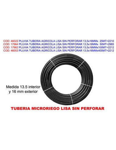 Tubo de riego agrícola liso sin perforar 13,5x16mm 50m