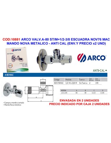 Chiave quadrata per valvola ad arco A-80 1/2-3/8 MM Nov76 Macca Box 2U