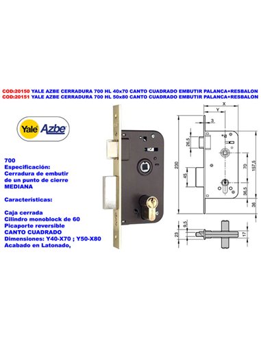 Fechadura YALE Azbe 700 HL 40x70 com bloco de encaixe, alavanca e trava