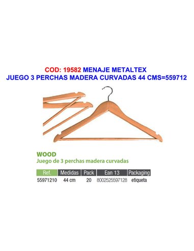 Set of 3 curved wooden hangers 44 cm Menaje Metaltex