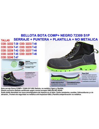 Bellota Boot Comp 72309 Número 41 S1P Camurça Punt Palmilha Não Metálica