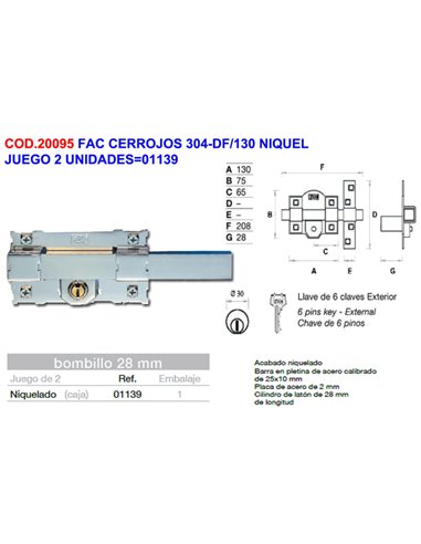 Set di 2 unità di chiusure nichelate 304-DF/130