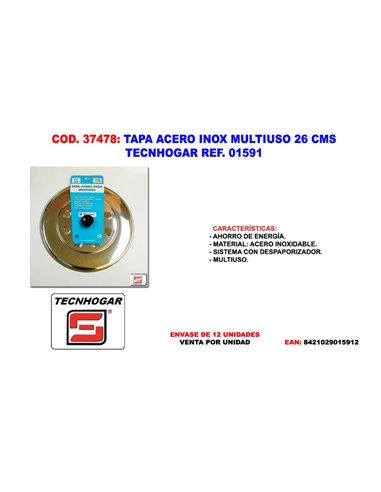 Tapa de Acero Inoxidable Multiuso 26 cm Tecnich Ref 01591