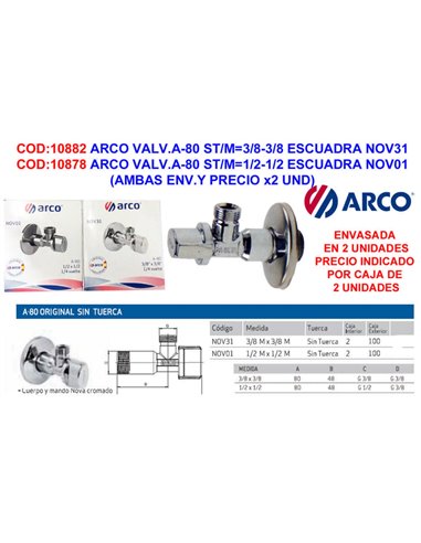 Arco valvola quadrato A-80 ST/M1/2-1/2 Nov01 Scatola 2U Prezzo per scatola