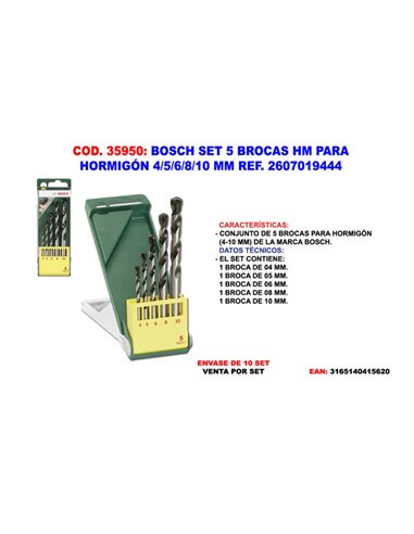 BOSCH SET DE 5 BROCAS DE CARBIDO PARA HORMIGON 4/5/6/8/10 MM2 607 019 444