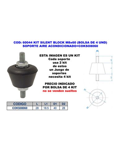 Kit de Silent Block M8x60 (4 unidades) Soporte Aire Acondicionado KSO8060