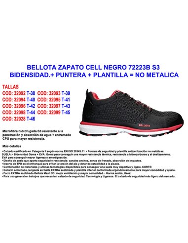 Sapato Bellota Cell 72223B-N 39 S3 Bidens com palmilha não metálica