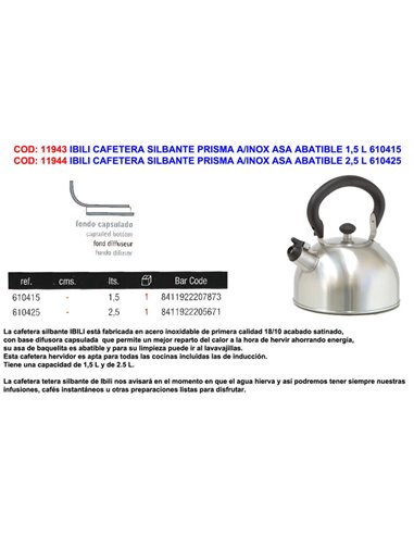 Caffettiera Prisma Whistling Manico pieghevole in acciaio inossidabile 2,5 L 610425