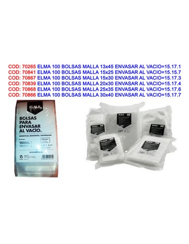 SACOS DE MALHA ELMA 100 25X35 PARA EMBALAGEM A VÁCUO