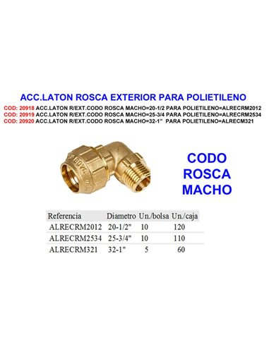 Acessório de latão rosca macho 20-1/2 para polietileno RCR 2012