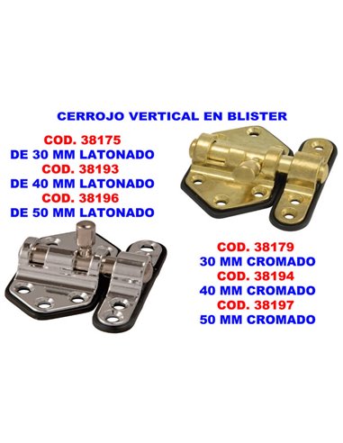 Vertical Bolt 40 mm Brass Plated in Blister 736