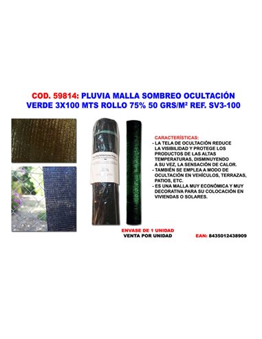 Malla Sombreo Pluvia 75% Verde 50g/m2 3,00x100 m Sin Plegado